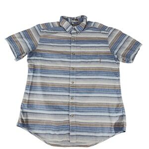 Eddie Bauer Button Down Shirt sz L Men Blue Beige Classic Fit Herringbone Stripe